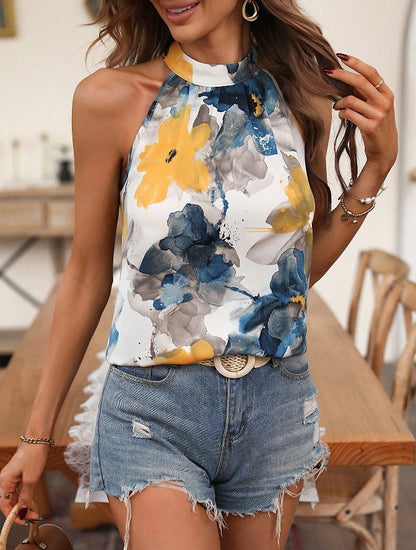 In stock Europe and the United States cross-border 2024 Amazon spring summer new flower print keyhole back collar shirt top women