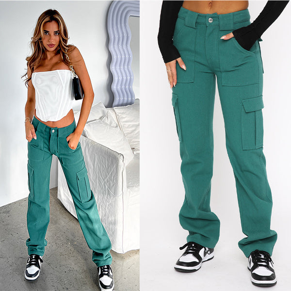 European and American fashion foreign trade new cross-border amazon women's trousers pocket stitching casual loose mid-rise jeans women