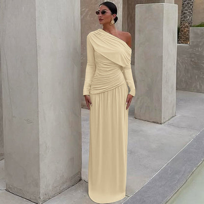 Cross-border wholesale European and American women's clothing autumn and winter new fashion solid color sexy diagonal collar pleated irregular long sleeve dress