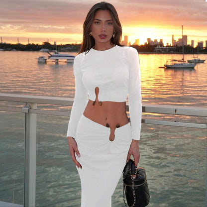 Cross-border European and American women's autumn and winter new temperament solid color crop top sexy waist and hip skirt suit for women