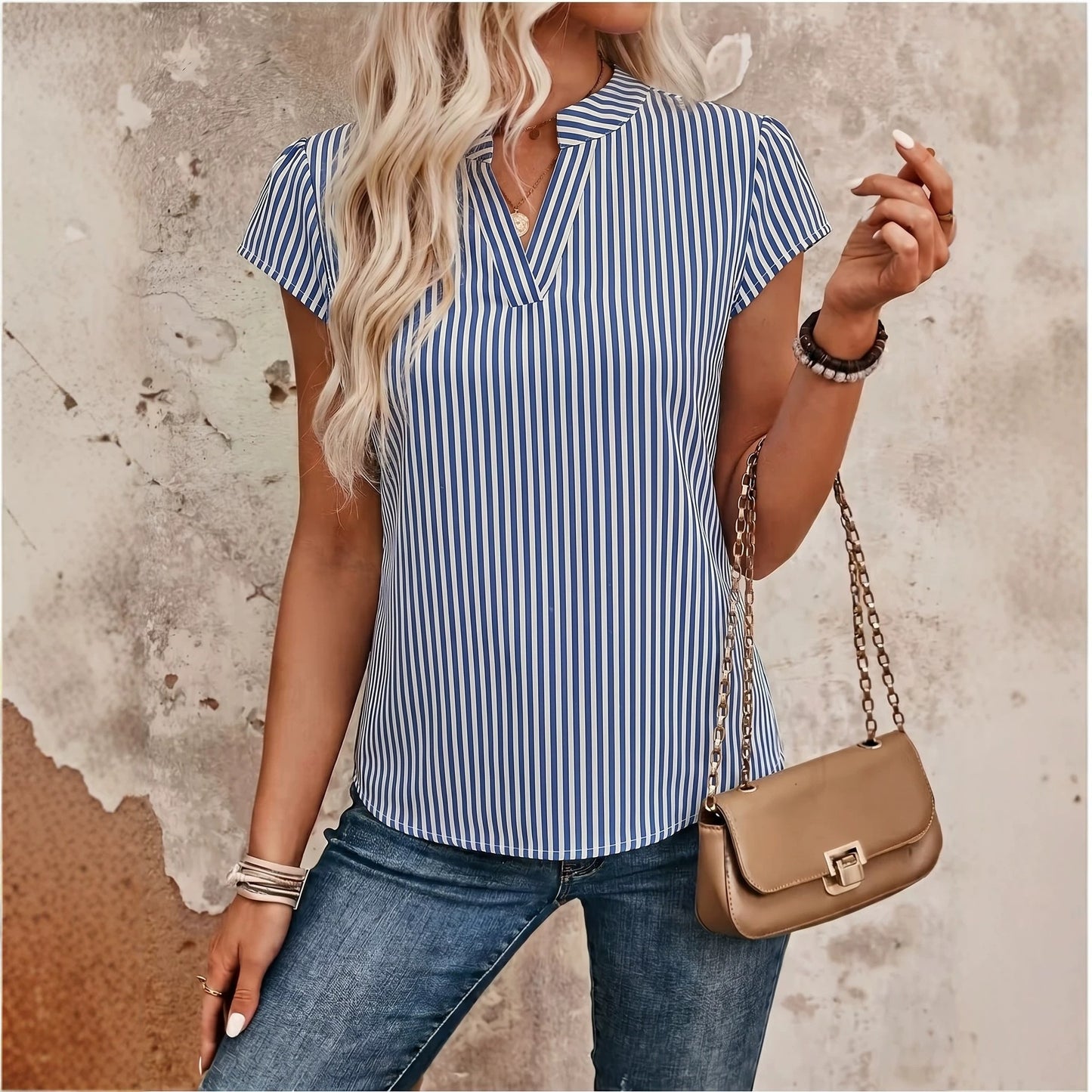 European and American summer new cross-border V-neck short-sleeve striped casual women's shirt, elegant and stylish for commuting, versatile