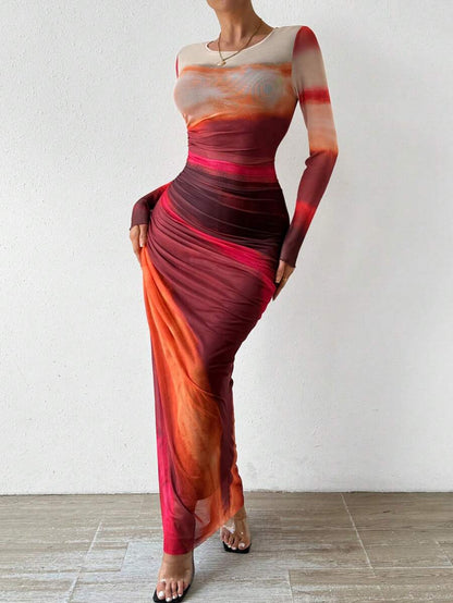 Spot Cross Border 2024 Europe and America Amazon Fashion Mesh Print Ruffle Sexy Tight Crew Neck Dress