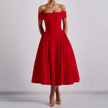 Vestido de senhora de cor sólida, modelo ombro a ombro, com gola única e design moderno, novidade da moda europeia transfronteiriça para a primavera de 2026.