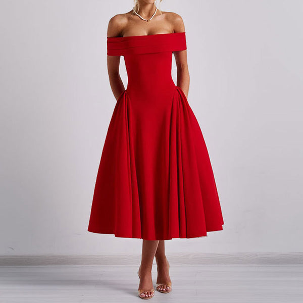 2026 spring new cross-border European and beautiful fashion off-the-shoulder sexy style one-line collar solid color dress for women