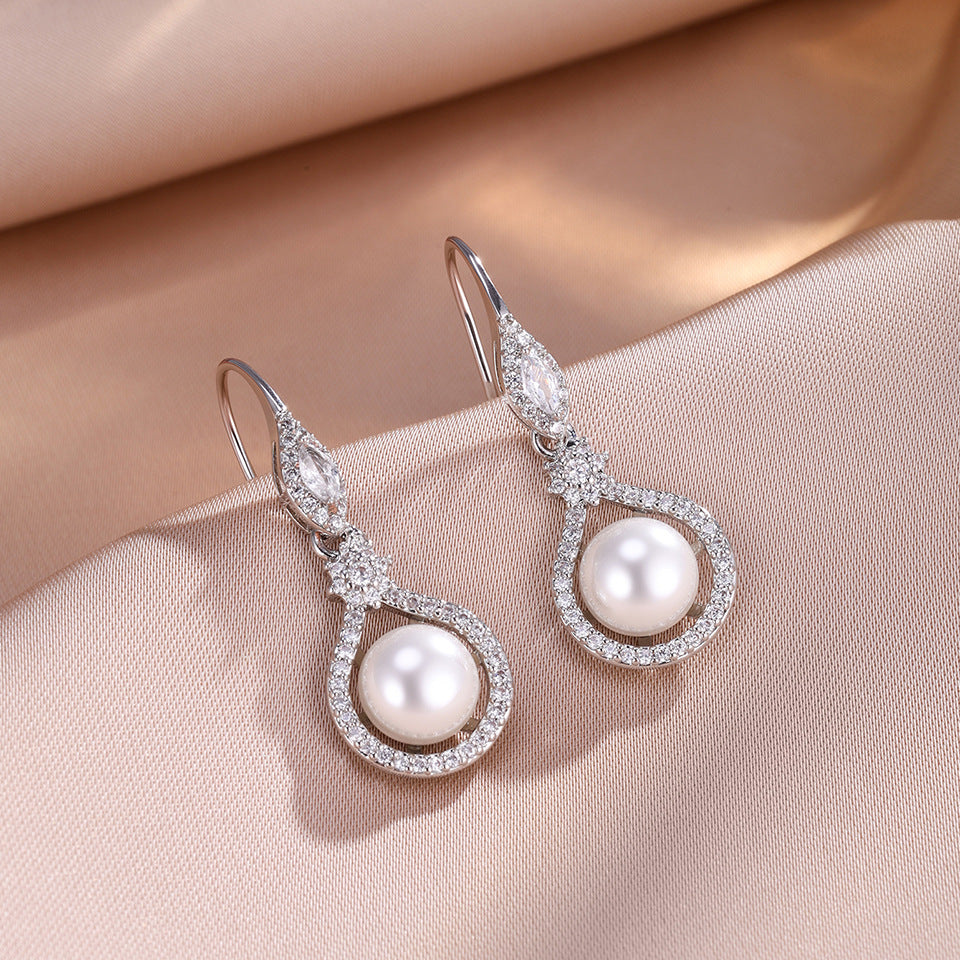 RAKOL Japanese and Korean New Women's Earrings, Copper Inlay AAA Zircon Pearl Wedding Dress Earrings Accessories for Women