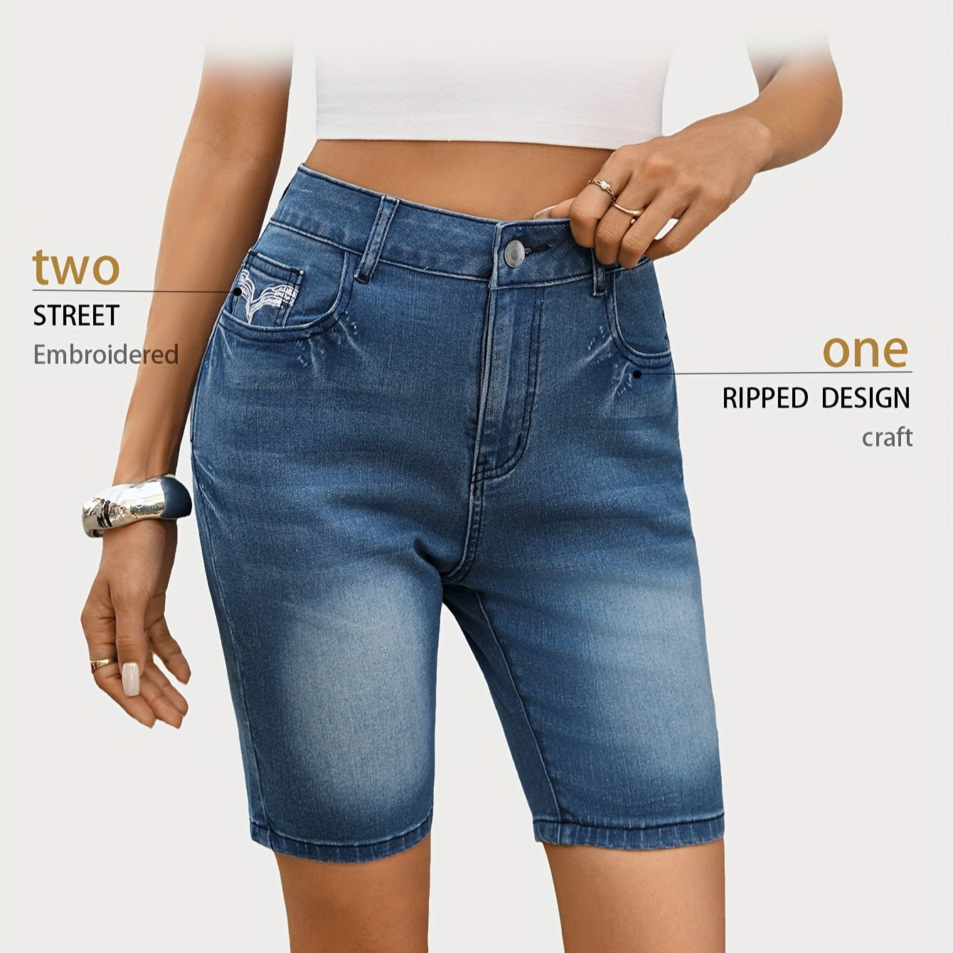 Summer new women's elegant denim culottes cargo pants women's anti-light A-shaped pocket embroidery slimming