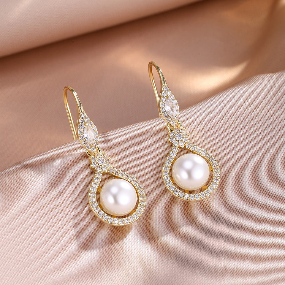 RAKOL Japanese and Korean New Women's Earrings, Copper Inlay AAA Zircon Pearl Wedding Dress Earrings Accessories for Women