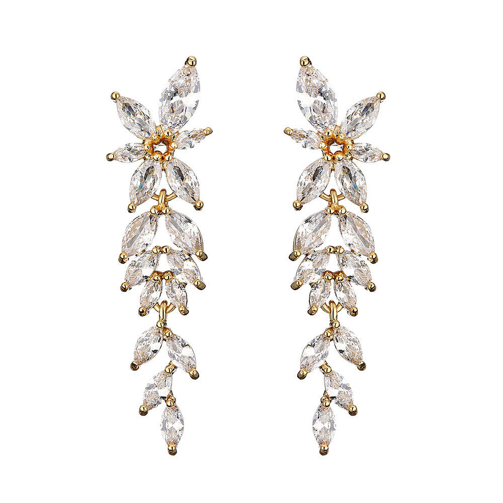 RAKOL European and American fashion trend full-set maressee zircon petal earrings with a super fairy-like elegance long tassel studs