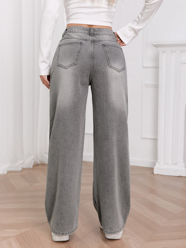 European and American foreign trade cross-border women's clothing European trend washed sky gray high-waisted wide-leg denim trousers WOMEN JEANS