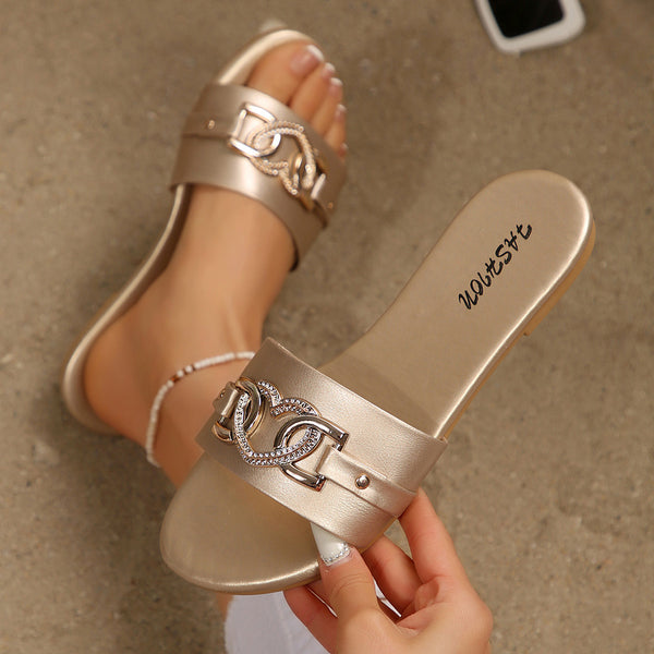 Cross-border women's shoes, women's slippers, classic elegance, versatile solid color metallic decoration, round toe flat sandals, flat for comfort