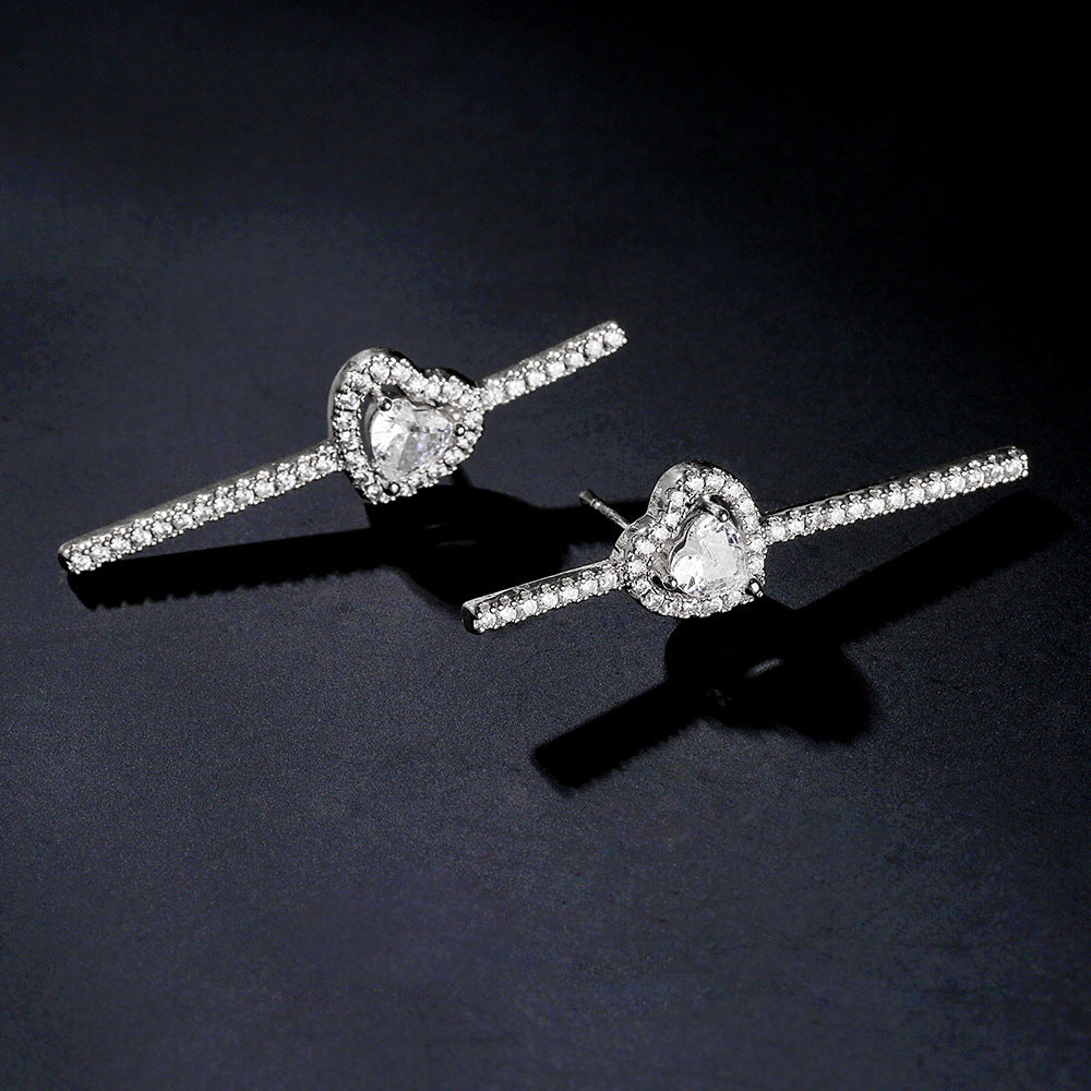 Cross-border best-selling heart-shaped stud earrings with a straight row of diamond zircon earrings, light luxury and high-end style earrings, simple commuting accessories