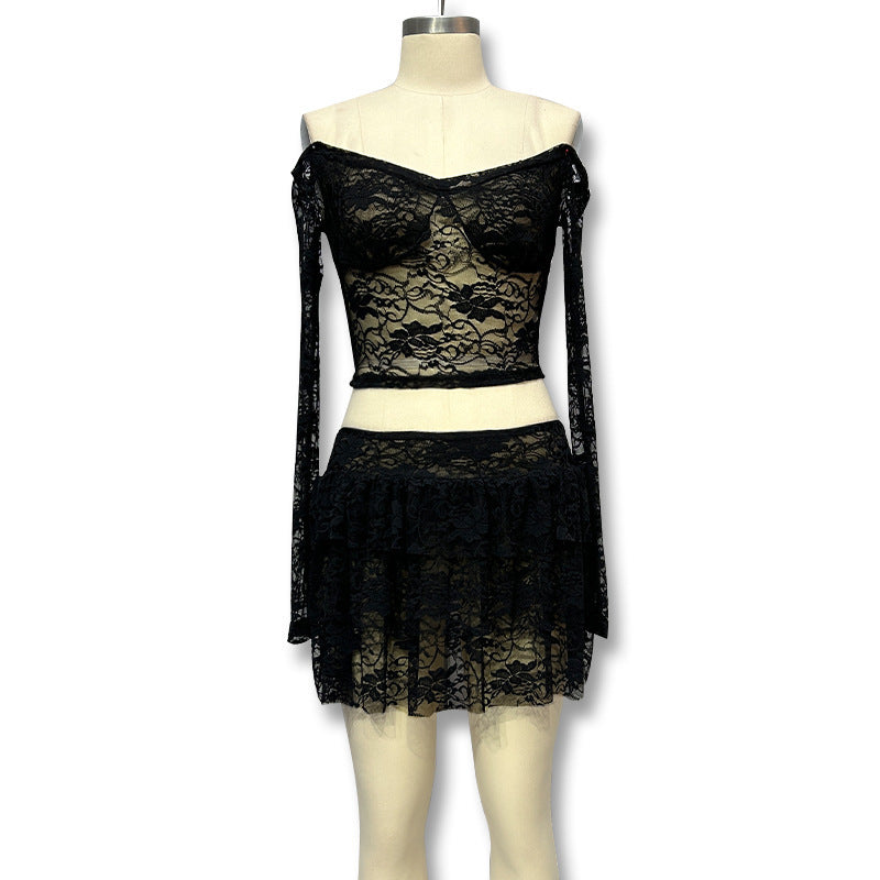 Cross-border Amazon European and American women's clothing spicy sexy bandeau crop top waist lace see-through skirt two-piece set