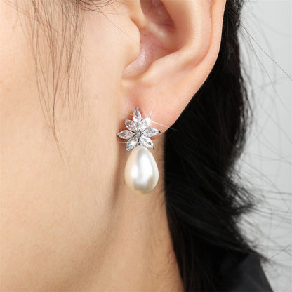 Cross-border bestseller: floral water drop faux pearl stud earrings with diamonds and zircon earrings, light luxury high-end accessories, wedding banquets