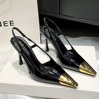 YX2026 Fall New Metal Toe Back Air Sandals Women's Black Sexy Single Shoes Thin Heel Spools Toe High Heels