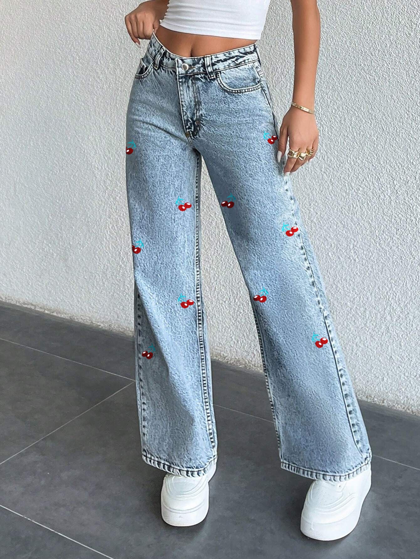 Cross-border foreign trade original design jeans cherry print wash high waist straight denim trousers women JEANS