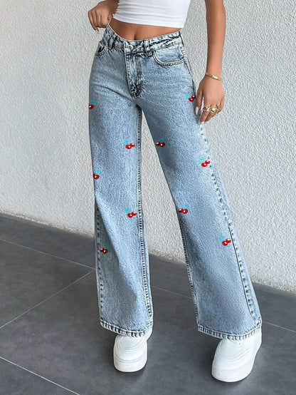 Cross-border foreign trade original design jeans cherry print wash high waist straight denim trousers women JEANS
