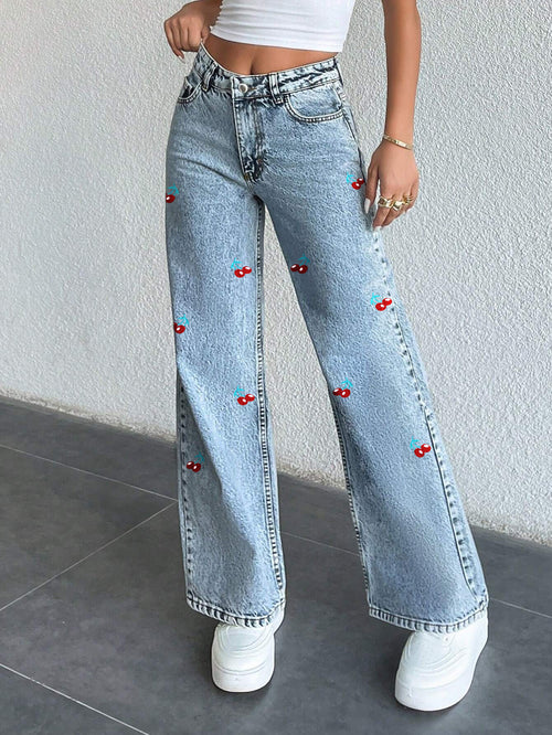 Cross-border foreign trade original design jeans cherry print wash high waist straight denim trousers women JEANS
