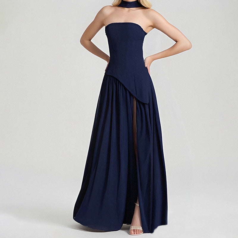 2025 European and American cross-border women's bandeau solid color slit dress fashion sexy backless high slit long skirt new style