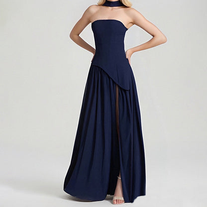 2025 European and American cross-border women's bandeau solid color slit dress fashion sexy backless high slit long skirt new style