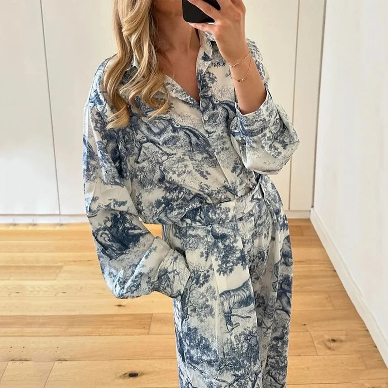 Foreign trade cross-border European and beautiful women's clothing 2026 suit fashion printed lapel shirt lazy style spring and summer fashion suit women