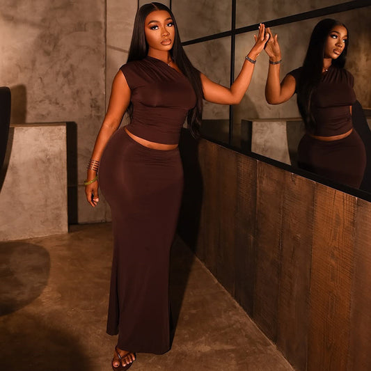 Cross-border Amazon summer new European and American women's solid color slanted collar crop top high waist hip skirt set