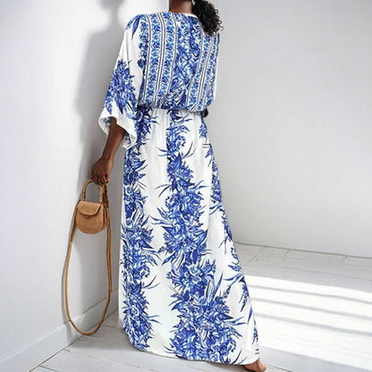 AliExpress 2025 spring cross-border new European and American clothing temperament sexy V-neck print strap-on big swing dress