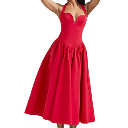 2026 spring new cross-border European and beautiful clothing temperament sexy pure desire style halterneck open back strap big swing dress