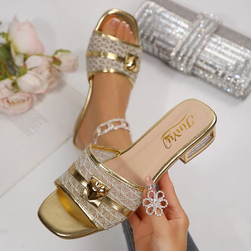 European and American cross-border foreign trade wholesale high-heeled sandals, women's slippers, elegant chain decorative buttons, square-toe sandals