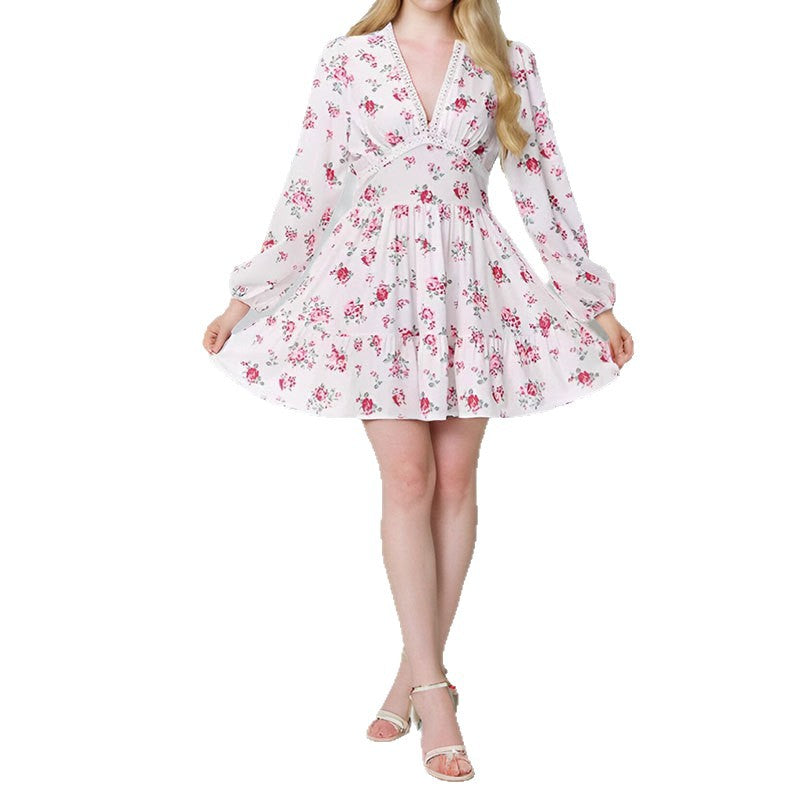 2026 Amazon European and American Clothing Temperament Sweet Floral High Waist Slim V-Neck Short Long Sleeve European and American Dress