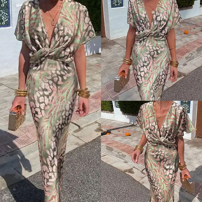 2026 Independent Station European and American Foreign Trade Women's Fashion Tight Print Twisted Mid-Waist Sexy V-Neck Spring Dress