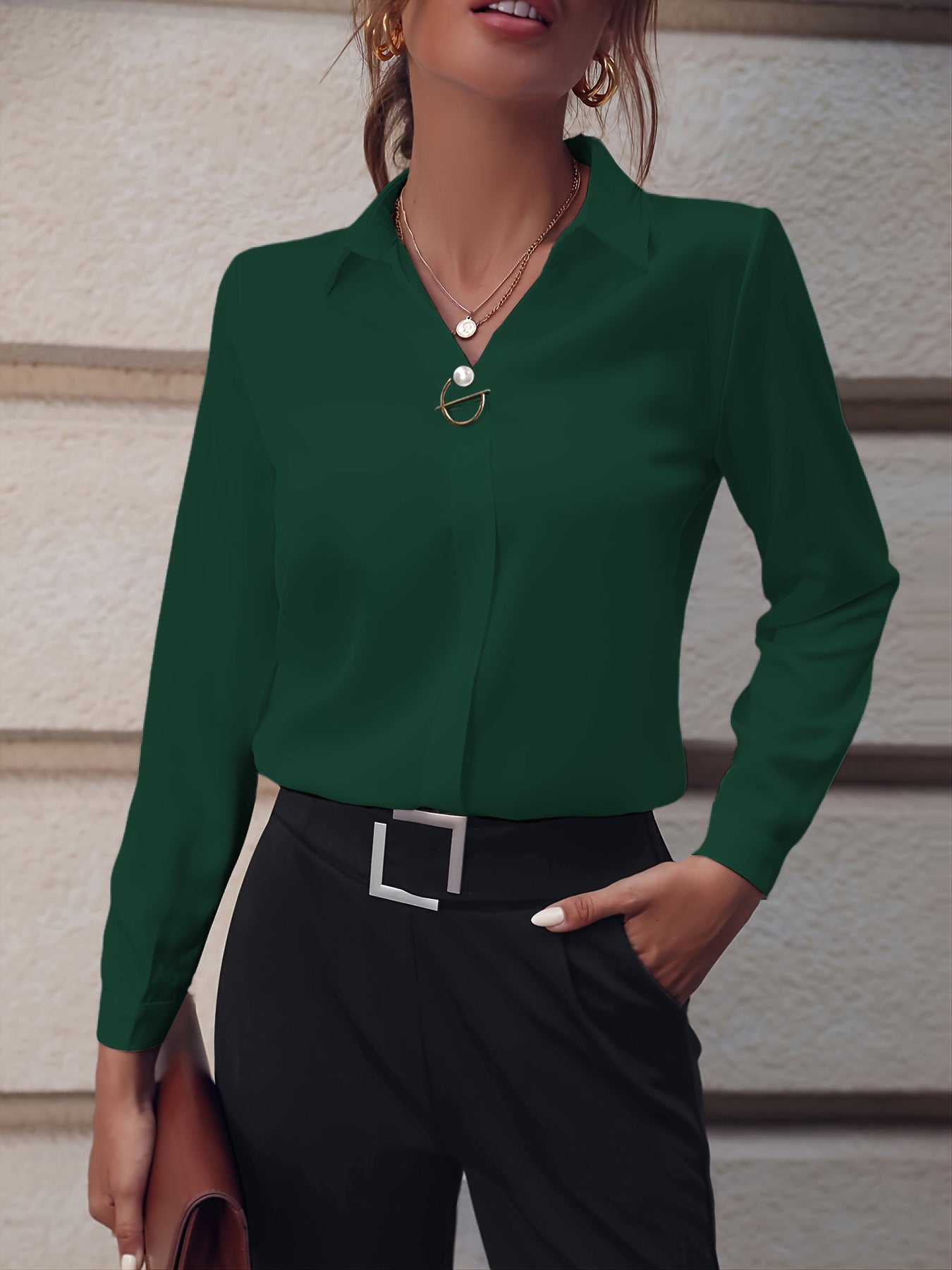 European and American commuter women's shirts are versatile and simple, Amazon solid color shirts, long sleeves, mid-length shirts