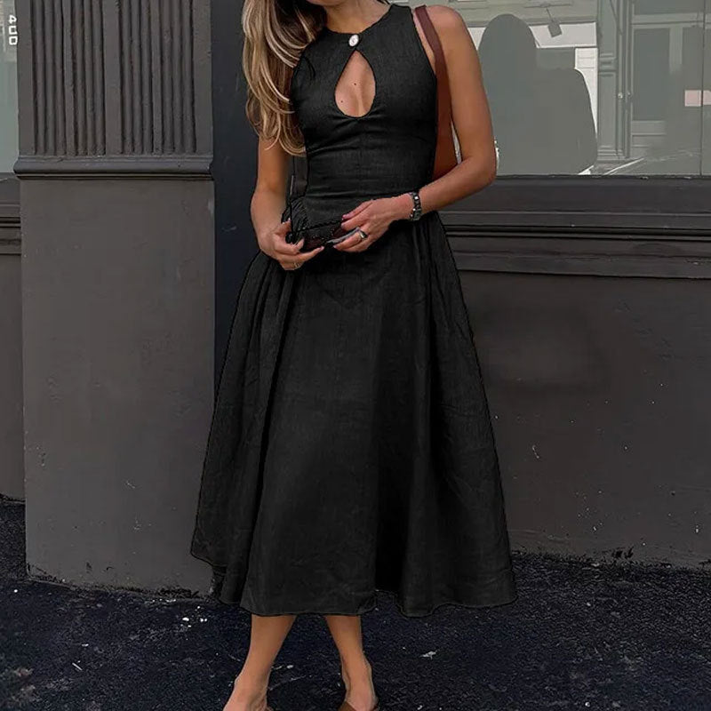 2025 Independent Station Summer New European and American Clothing Temperament Elegant and Fashionable Sleeveless High-Waisted Solid Color Dress 661