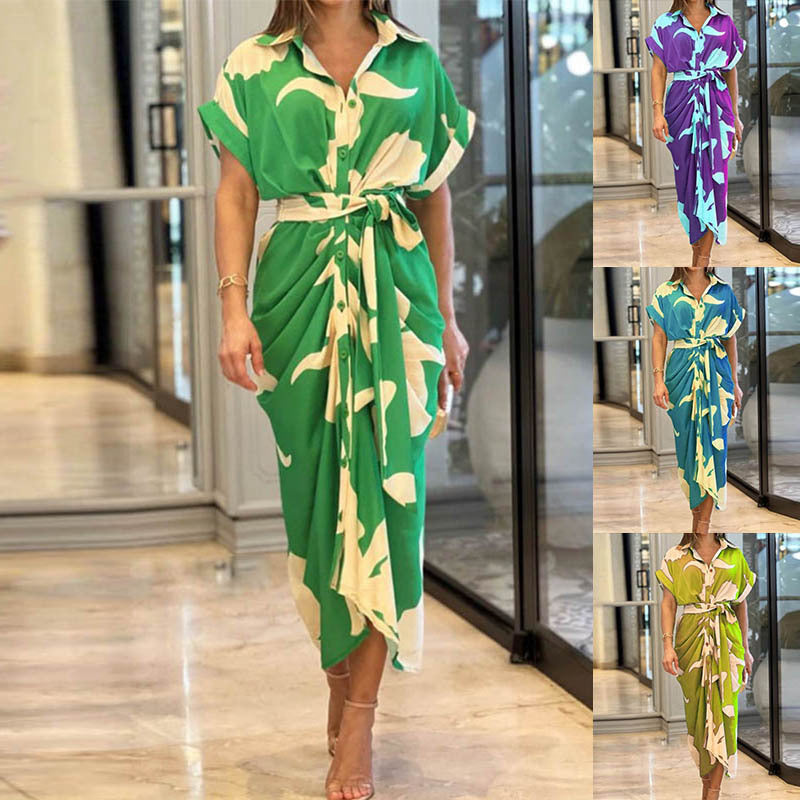 Spring 2026 new European and beautiful clothing temperament fashion printed lapels short sleeves high waisted shirts spring and summer dresses