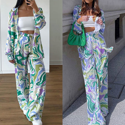 2026 New European and American Cross-border Women's Street Loose Printed Shirt Long Sleeve Fashion Casual Suit Women's Two-Piece Set