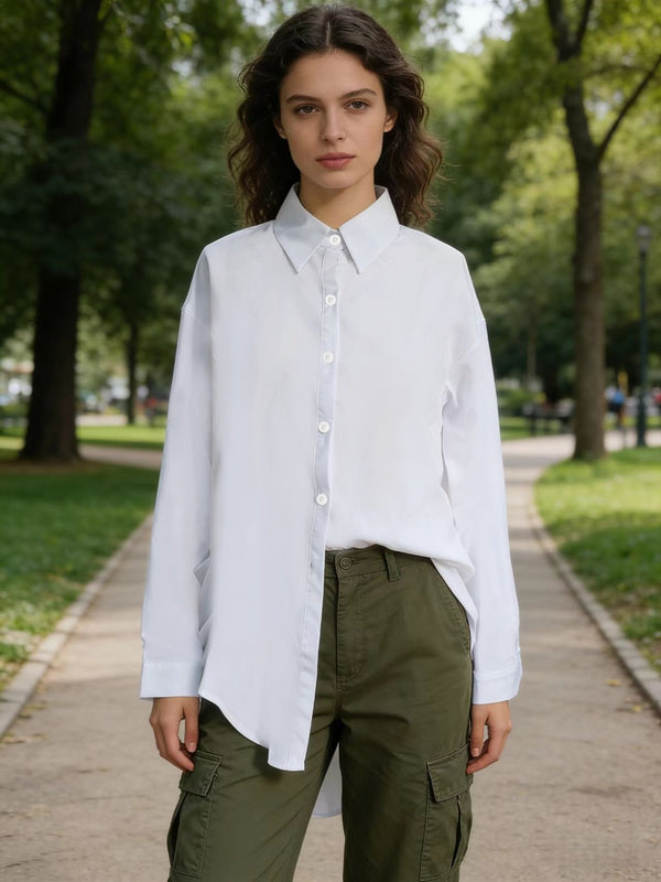 Cross-border European and American asymmetrical hem solid-color shirt for women, loose, slimming, drapey casual long-sleeve shirt for women
