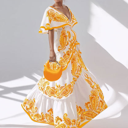 Cross-border European and American fashion spring new temperament resort style elegant deep V-neck ruffled fashion printed dress