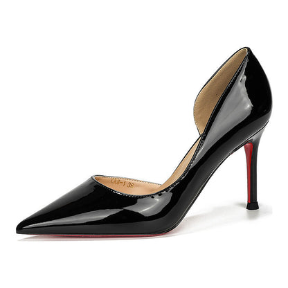 2026 European and American pointed toe stiletto heel side air high heels women's patent leather microfiber inner rubber sole shallow women's shoes super high heels
