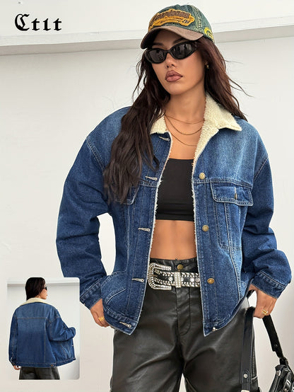 New Women's Elegant Casual Versatile Loose Slim Long Sleeve Retro Short Denim Warm Cotton Jacket Blue Black
