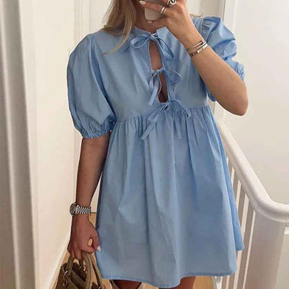 2025 Cross-border European and American Summer Women's Fashion Lace-up Leopard Print Crew Neck Loose Short Skirt Casual Dress Women 661