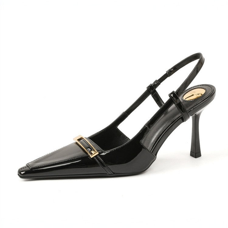 2026 Europe and America New Metal Buckle Pointed Heel Stiletto Sandals Patent Leather Sexy Back Empty Wrapped Women's Shoes for Commuting