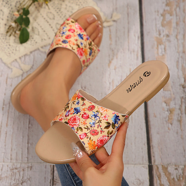 Cross-border European size women's slippers, elegant versatile floral print, decorative round toe flat sole, lightweight for cross-border European and American shoes