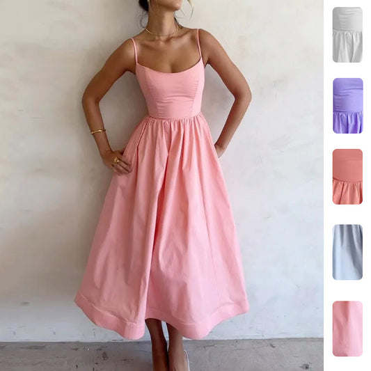 Spring 2026 New European and American Dress Solid Color Sexy U-Neck Waist Pleated Suspender Swing Dress