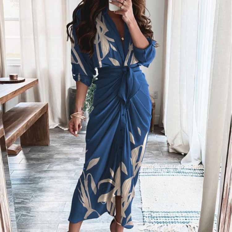 2026 spring new cross-border European and beautiful clothing temperament elegant and sexy print V-neck strap high-waisted dress for women