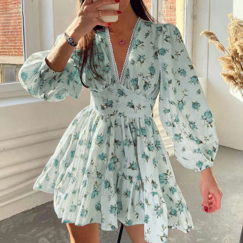 2026 spring new cross-border European and beautiful women's clothing temperament sweet printed V-neck lace waist short dress