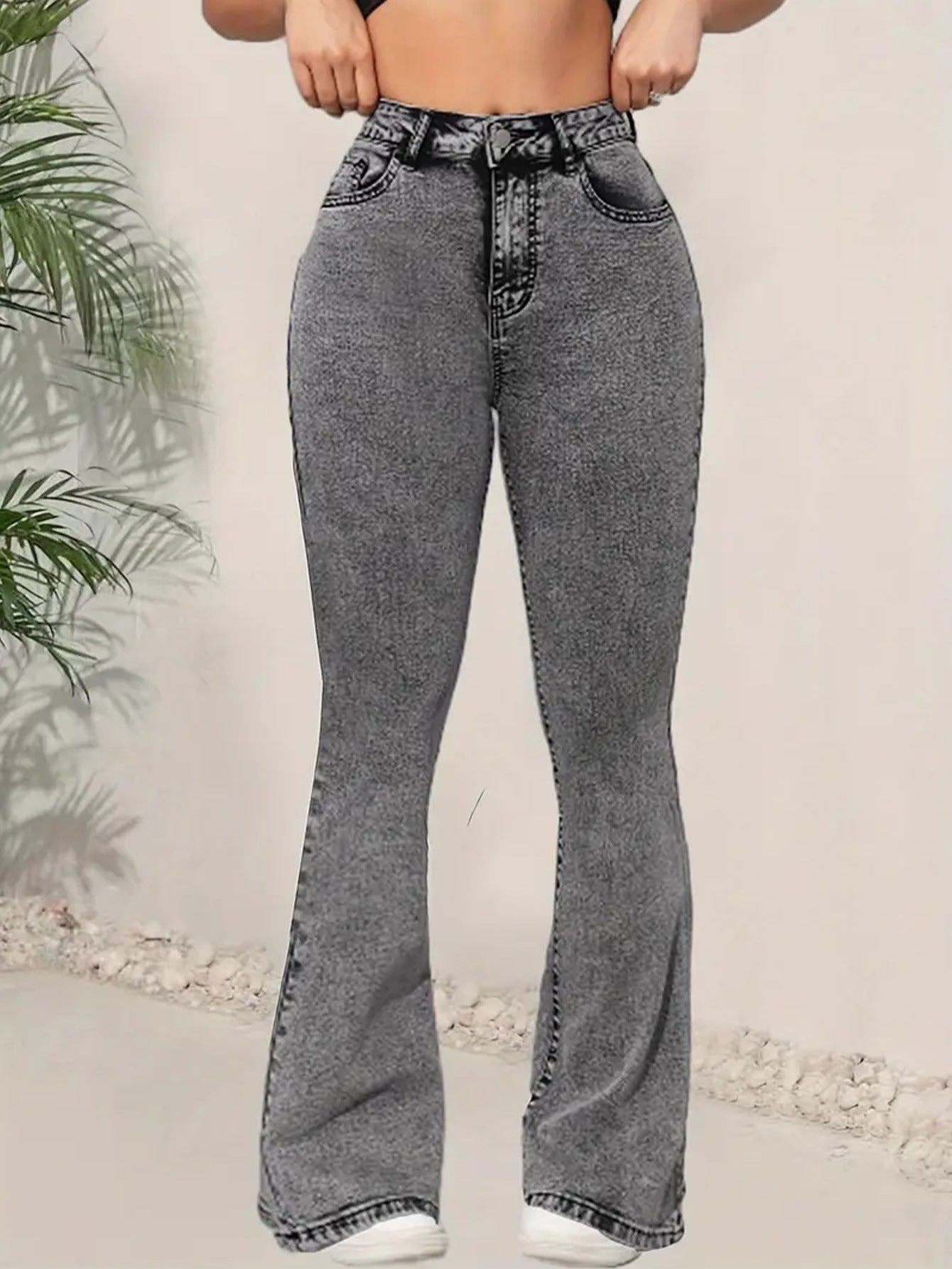 Cross-border foreign trade dark gray women's jeans slim slim multifunctional design high waisted denim flared pants JEANS