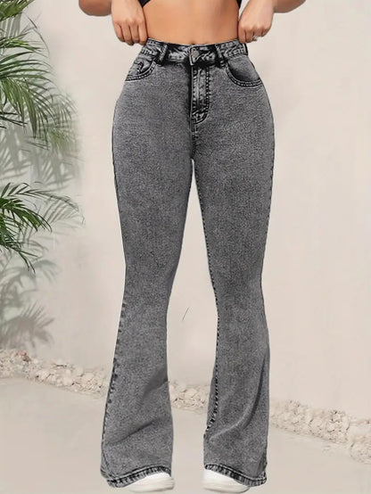 Cross-border foreign trade dark gray women's jeans slim slim multifunctional design high waisted denim flared pants JEANS