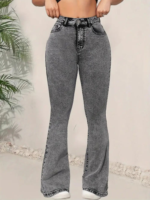 Cross-border foreign trade dark gray women's jeans slim slim multifunctional design high waisted denim flared pants JEANS
