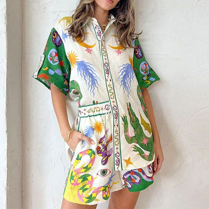 2026 New AliExpress Independent Station Loose Casual Shorts Fashion Versatile Printed Daisy Flower Short Sleeve Two-Piece Set