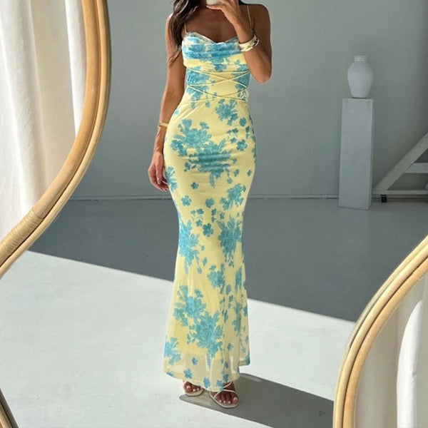 2026 Spring New European and American Clothing Elegant and Fashionable Printed Slim Fit Hip Slip Long Dress