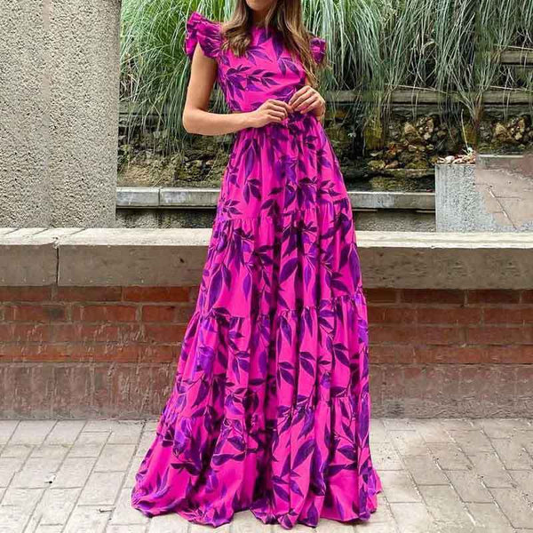 2026 spring new cross-border European and American fashion printed flying sleeve long skirt ruffled large swing dress for women